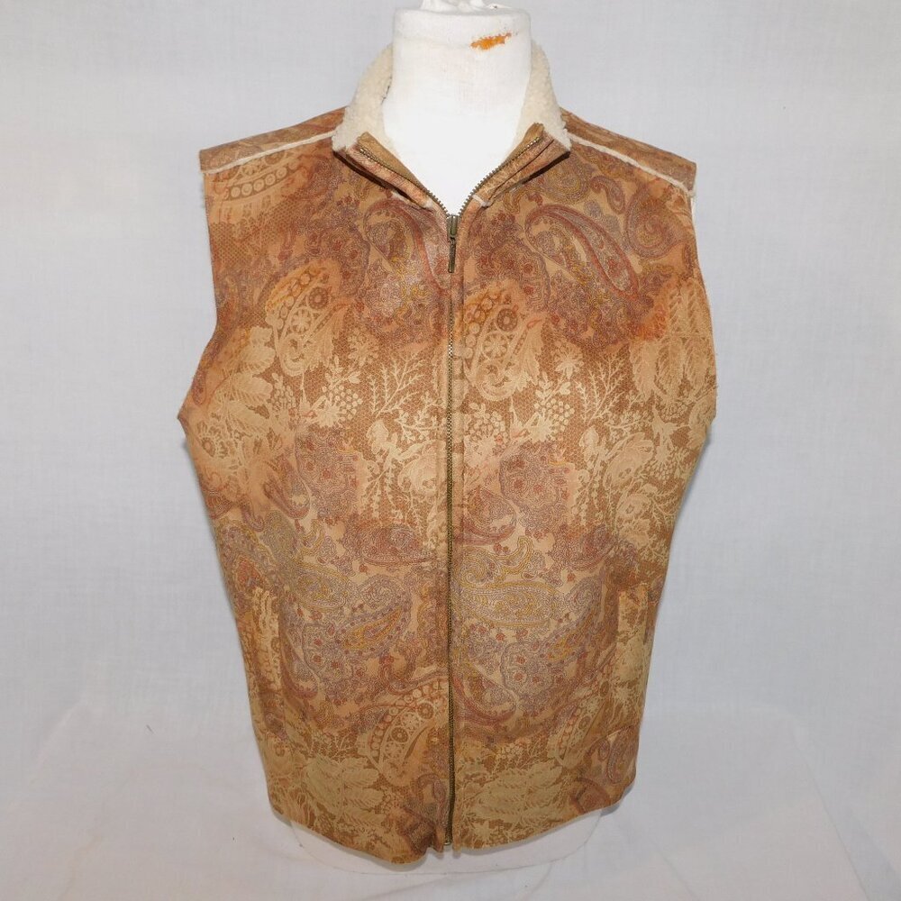 Jones New York Faux Suede Sherpa Lined Brown Tan Paisley Full Zip Vest Womens L